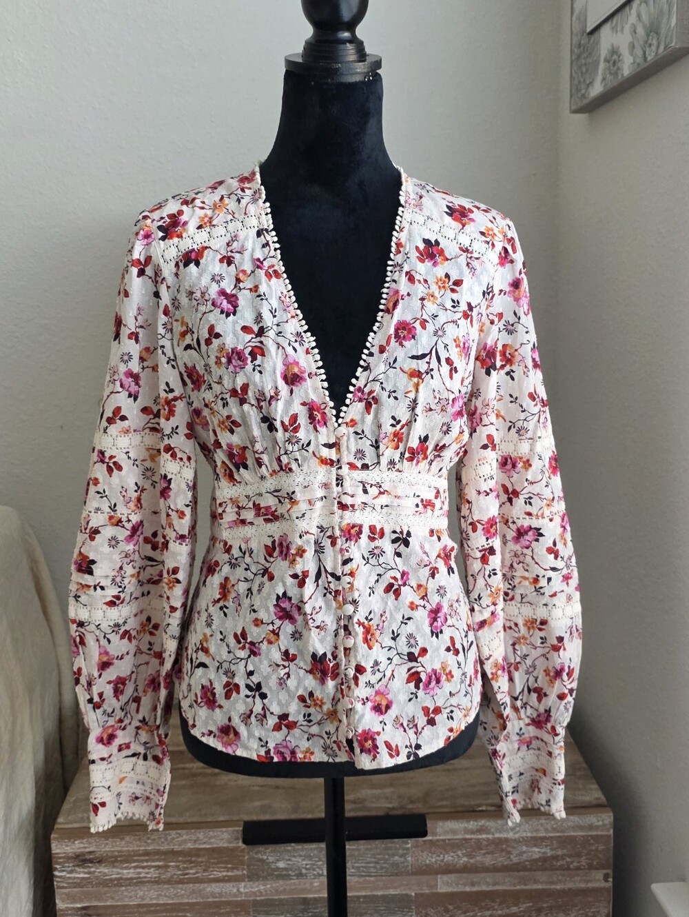 Anthropologie Cream Peplum Blouse with Pink & Red Floral Print